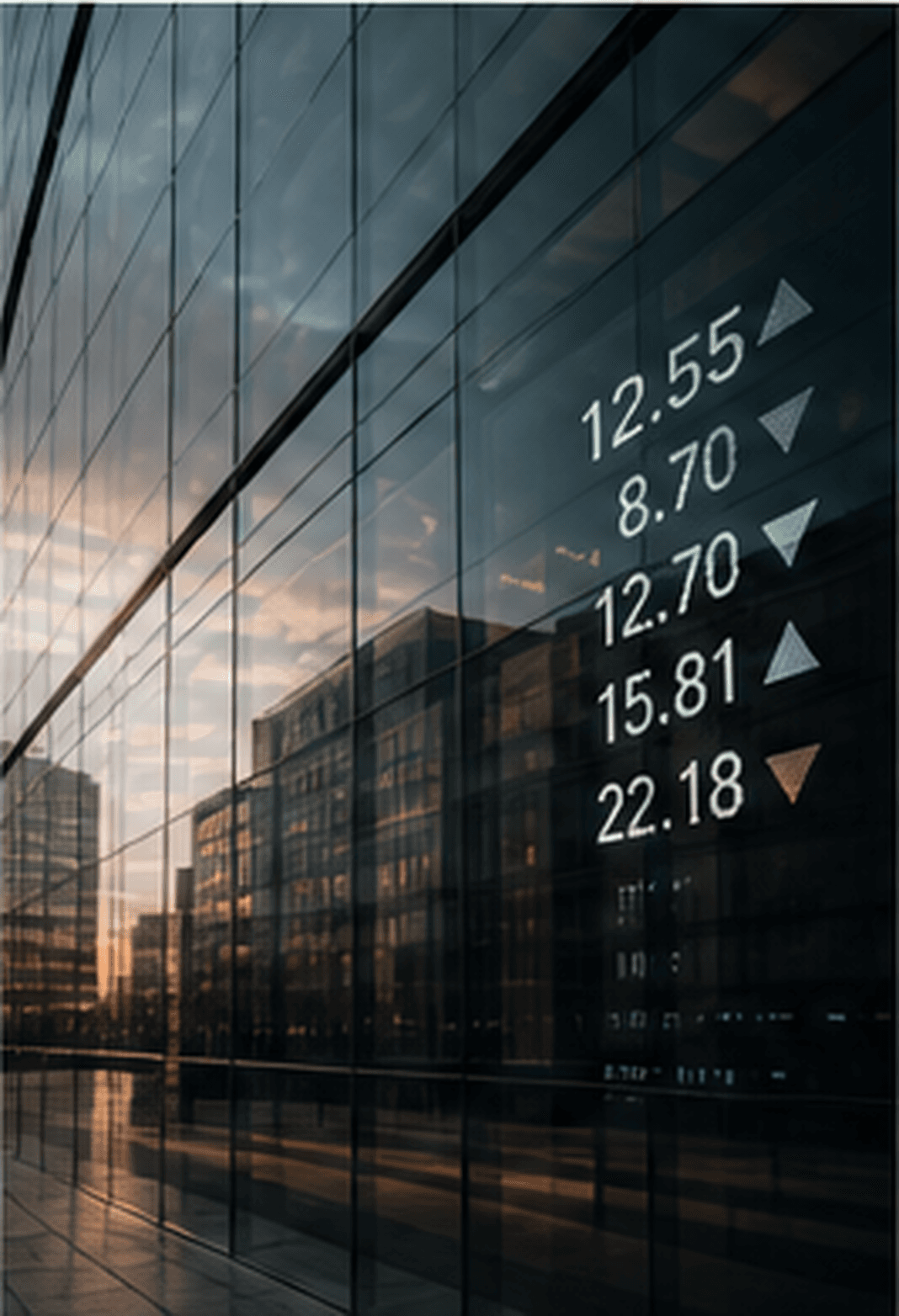 Glass financial district with market indicators